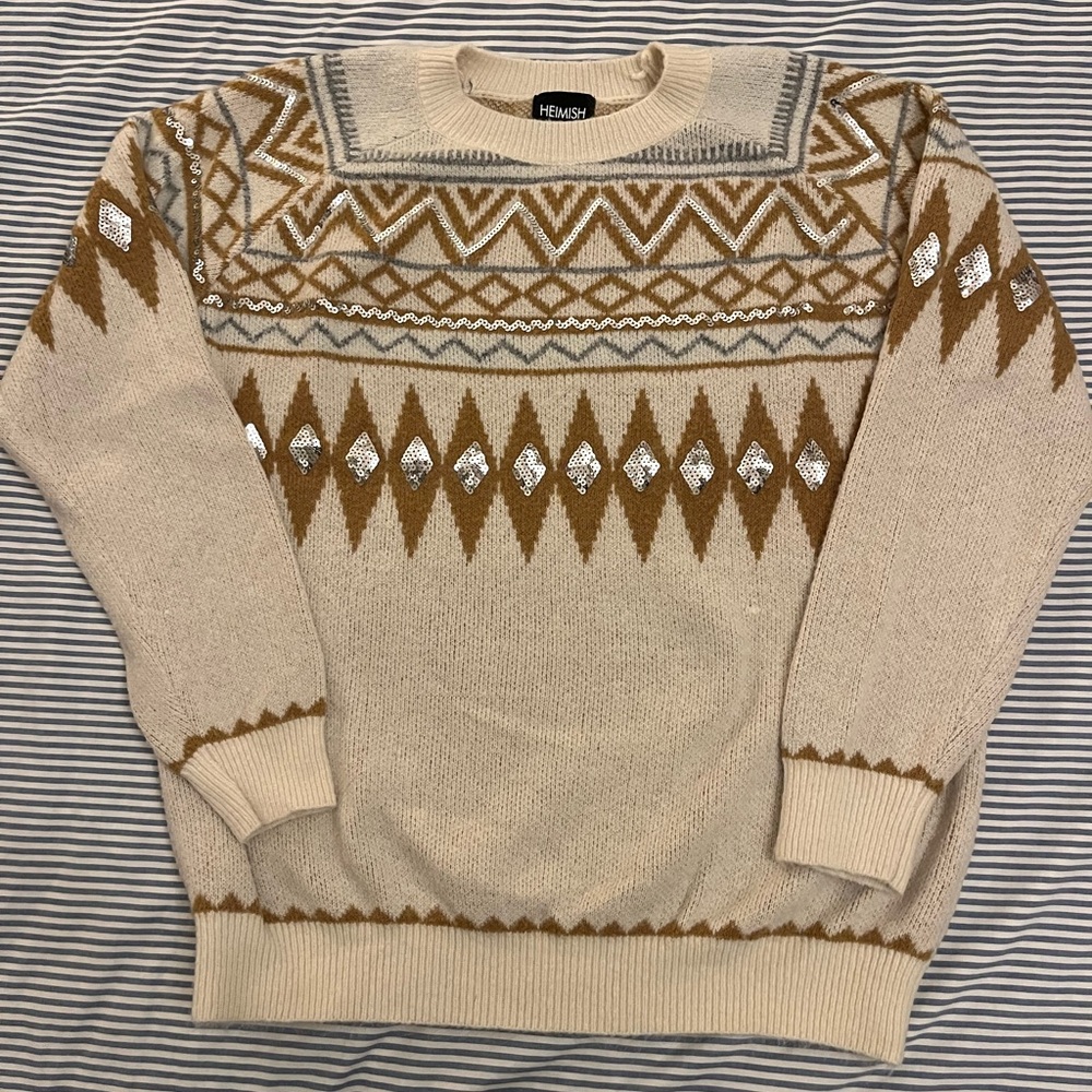 Cream and Brown Geometric Sweater